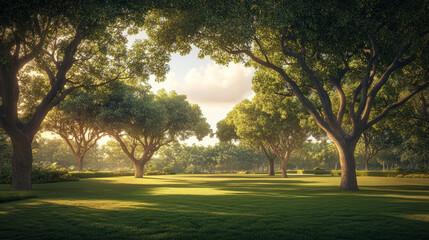 Obraz premium Asian landscape, tall ancient trees, broad canopies, clear blue sky, soft white clouds, no orange sunlight, neutral daylight, peaceful, harmonious, serene, nature, open land, no buildings