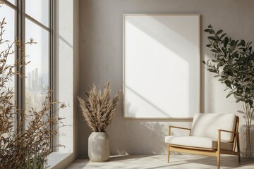 Poster Frame in Beige minimalist living room interior created with generative AI