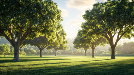 Asian landscape, tall ancient trees, broad canopies, clear blue sky, soft white clouds, no orange sunlight, neutral daylight, peaceful, harmonious, serene, nature, open land, no buildings