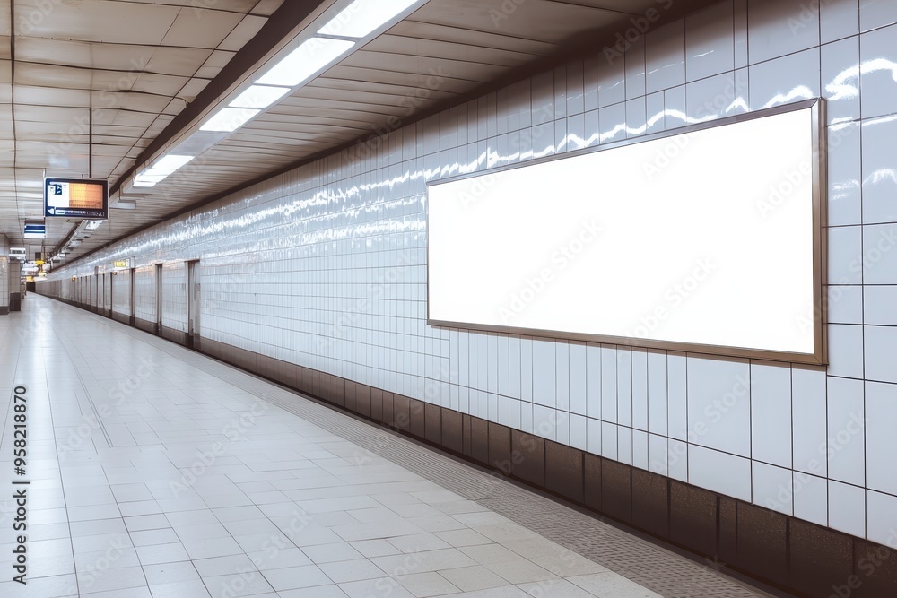 Poster a blank advertisement board in a subway station with tiled walls and empty platform space.