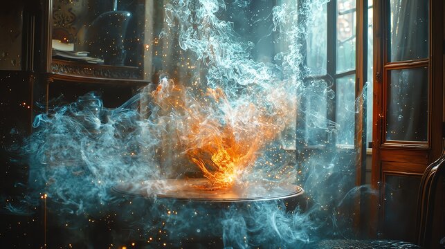 Mystical glowing orb surrounded by swirling clouds of smoke and magical energy, set in an enchanting, moody room with vintage decor.