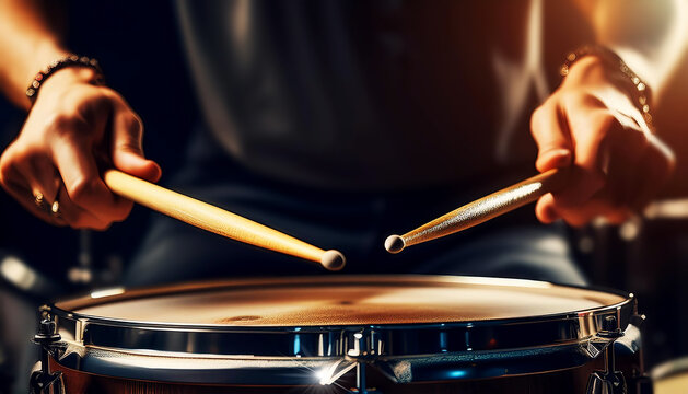 Extreme close-up of the expert hands of a male drummer, holding wooden drumsticks while performing a roll on a snare drum. Percussion instrument, drum roll and drum beat concept. Generative Ai.