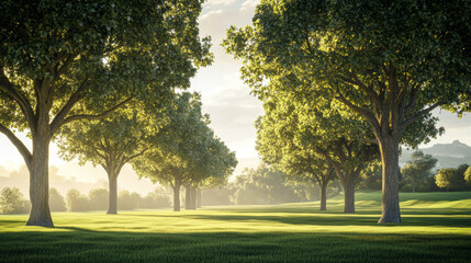 Fototapeta premium Asian landscape, tall ancient trees, broad canopies, clear blue sky, soft white clouds, no orange sunlight, neutral daylight, peaceful, harmonious, serene, nature, open land, no buildings