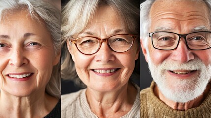 Smiling Seniors Triptych Modern Portraits, Diverse Older Adults Radiating Joy Looking At Camera