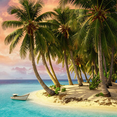 Green Island in the Sea with Palm Trees and Boat