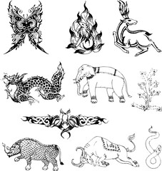 Butterfly, nine-tailed fox, deer looking back, dragon, elephant, lizard, pheasant pair, buffalo bow, eel, rhinoceros. Ancient magical beastsvector. illustration. Ancient Thai line drawing.Thai tattoo.