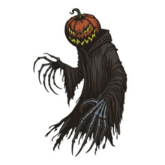 Halloween Pumpkin Head Reaper Art. Cartoon Scary Character in Black Cloak with Scary Pumpkin Face. Creepy Surreal Horror Halloween Vector Illustration. Jack-O-Lantern Design	