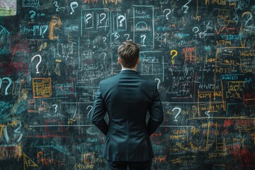 A businessman in front of a blackboard filled with question marks and scribbles, deeply engaged in figuring out his business plan details. Suitable for themes of strategy development and problem-solvi
