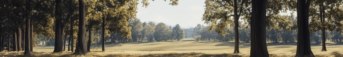 Obraz premium Asian landscape, tall ancient trees, broad canopies, clear blue sky, soft white clouds, no orange sunlight, neutral daylight, peaceful, harmonious, serene, nature, open land, no buildings