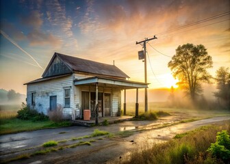 misty morning rural countryside abandoned old worn convenience store rural decline poverty forgotten dreams American broken heartland forgotten town