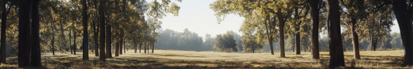 Asian landscape, tall ancient trees, broad canopies, clear blue sky, soft white clouds, no orange sunlight, neutral daylight, peaceful, harmonious, serene, nature, open land, no buildings