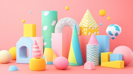Abstract Colorful 3D Geometric Shapes on Pink Background
