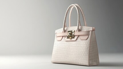 A Light Pink Croco-Embossed Leather Handbag with Gold Hardware