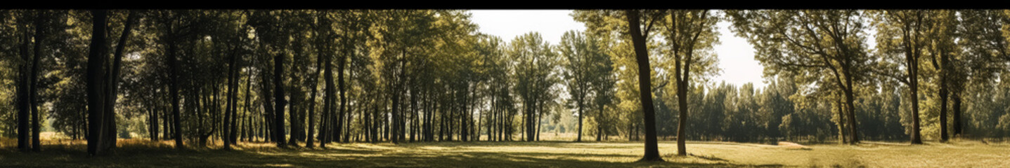 Fototapeta premium Asian landscape, tall ancient trees, broad canopies, clear blue sky, soft white clouds, no orange sunlight, neutral daylight, peaceful, harmonious, serene, nature, open land, no buildings