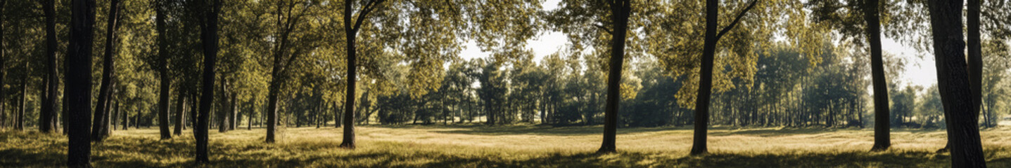Asian landscape, tall ancient trees, broad canopies, clear blue sky, soft white clouds, no orange sunlight, neutral daylight, peaceful, harmonious, serene, nature, open land, no buildings