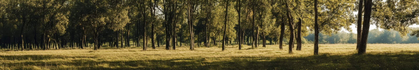 Asian landscape, tall ancient trees, broad canopies, clear blue sky, soft white clouds, no orange sunlight, neutral daylight, peaceful, harmonious, serene, nature, open land, no buildings