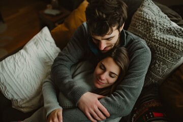 Obraz premium Young man is hugging his girlfriend while she sleeps peacefully on the couch