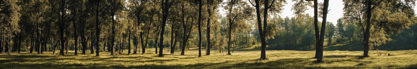 Fototapeta premium Asian landscape, tall ancient trees, broad canopies, clear blue sky, soft white clouds, no orange sunlight, neutral daylight, peaceful, harmonious, serene, nature, open land, no buildings