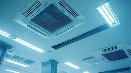 Obraz premium Ceiling air conditioning units and bright fluorescent lights create modern, cool atmosphere.