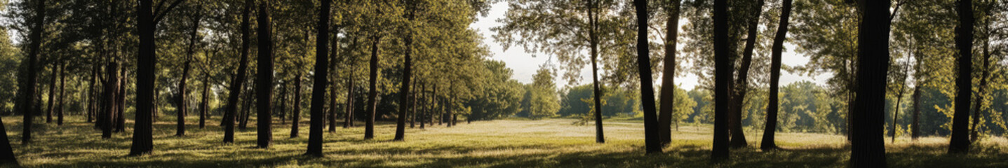 Obraz premium Asian landscape, tall ancient trees, broad canopies, clear blue sky, soft white clouds, no orange sunlight, neutral daylight, peaceful, harmonious, serene, nature, open land, no buildings