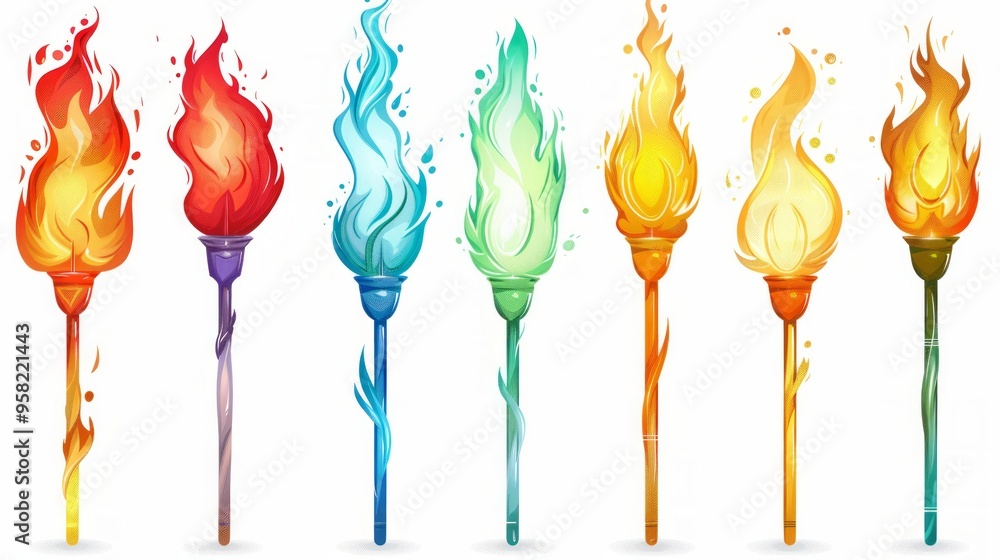 Poster set of different torch with fire on white background
