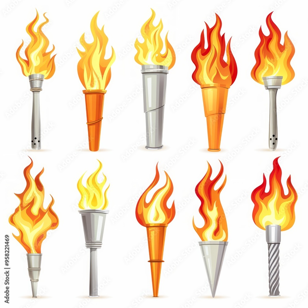 Poster set of different torch with fire on white background