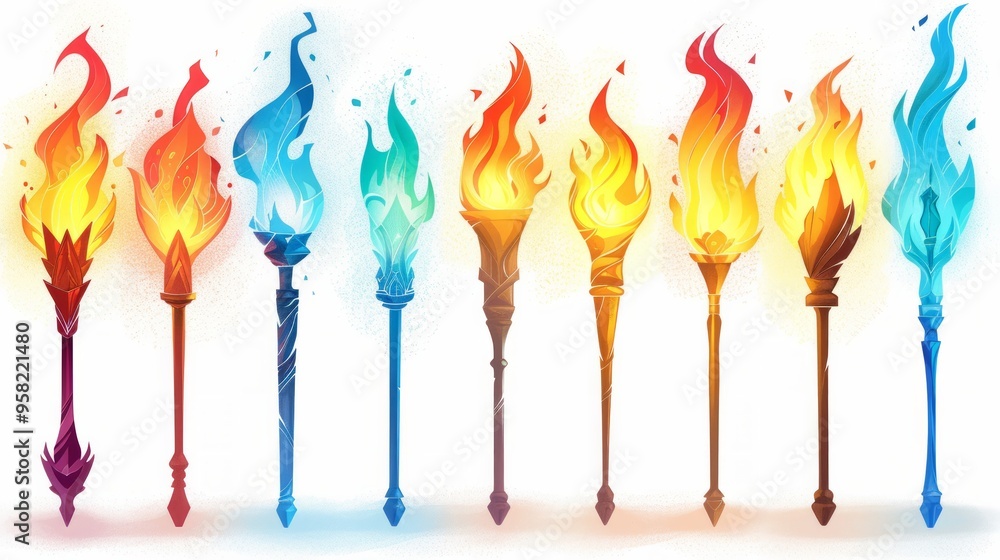 Poster set of different torch with fire on white background