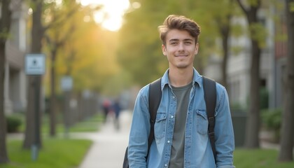 Obraz premium A Portrait of a male college student in shirt and jeans at campus looking at camera