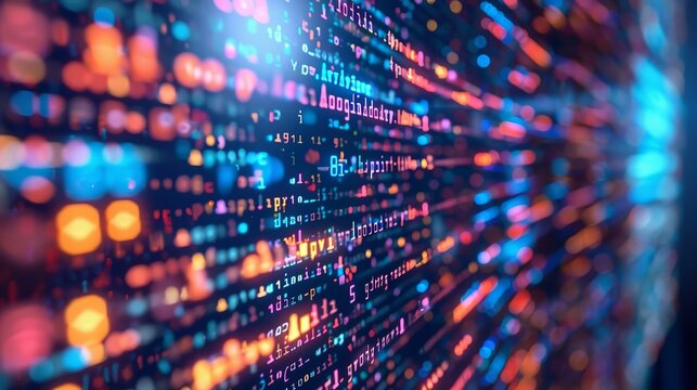 A computer screen with a lot of code on it. The code is in different colors and is very complex. Concept of technology and the complexity of computer programming