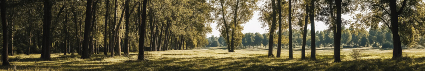 Obraz premium A serene landscape in an Asian region, featuring numerous tall, ancient trees with broad canopies spread across the scene. The trees are large and majestic, creating a sense of tranquility and natural