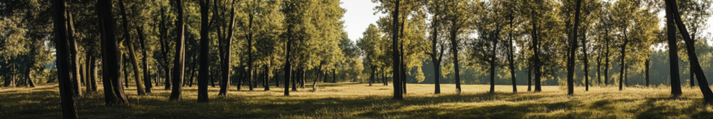 A serene landscape in an Asian region, featuring numerous tall, ancient trees with broad canopies spread across the scene. The trees are large and majestic, creating a sense of tranquility and natural