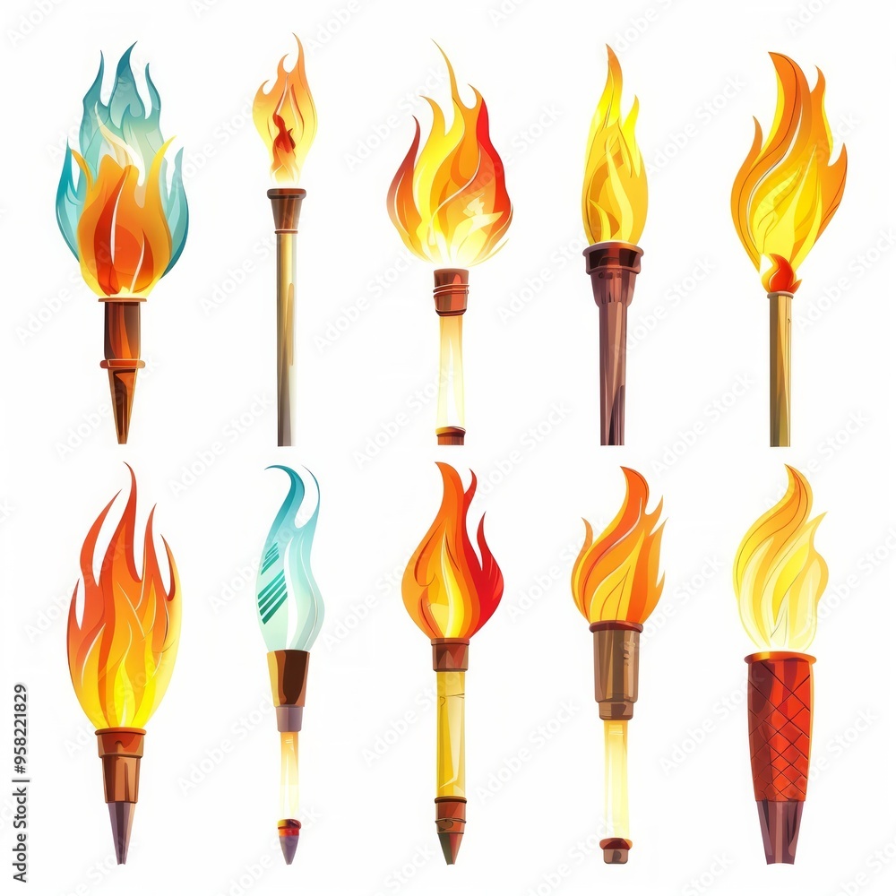 Poster set of different torch with fire on white background