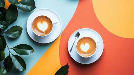 Two heart latte art coffees on colorful background with green leaves, creating a warm, inviting atmosphere perfect for coffee lovers.