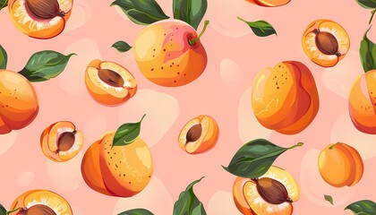 Vibrant Illustration of Fresh Peaches with Leaves on a Soft Pink Background