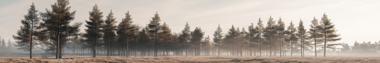 A serene landscape in an Asian region, featuring numerous tall, ancient trees with broad canopies spread across the scene. The trees are large and majestic, creating a sense of tranquility and natural