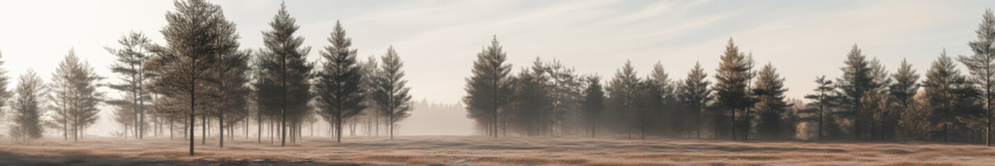 Obraz premium A serene landscape in an Asian region, featuring numerous tall, ancient trees with broad canopies spread across the scene. The trees are large and majestic, creating a sense of tranquility and natural