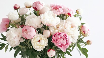 A bouquet of pink and white peonies, representing romance and prosperity, perfect for spring and bridal promotions