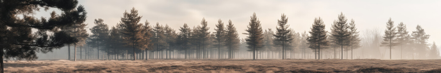 Obraz premium A serene landscape in an Asian region, featuring numerous tall, ancient trees with broad canopies spread across the scene. The trees are large and majestic, creating a sense of tranquility and natural