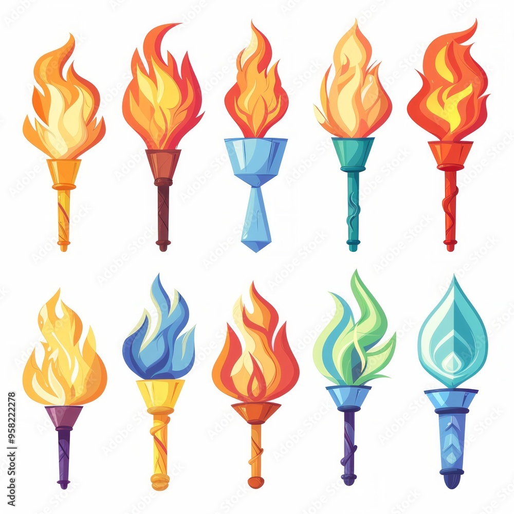 Poster set of different torch with fire on white background