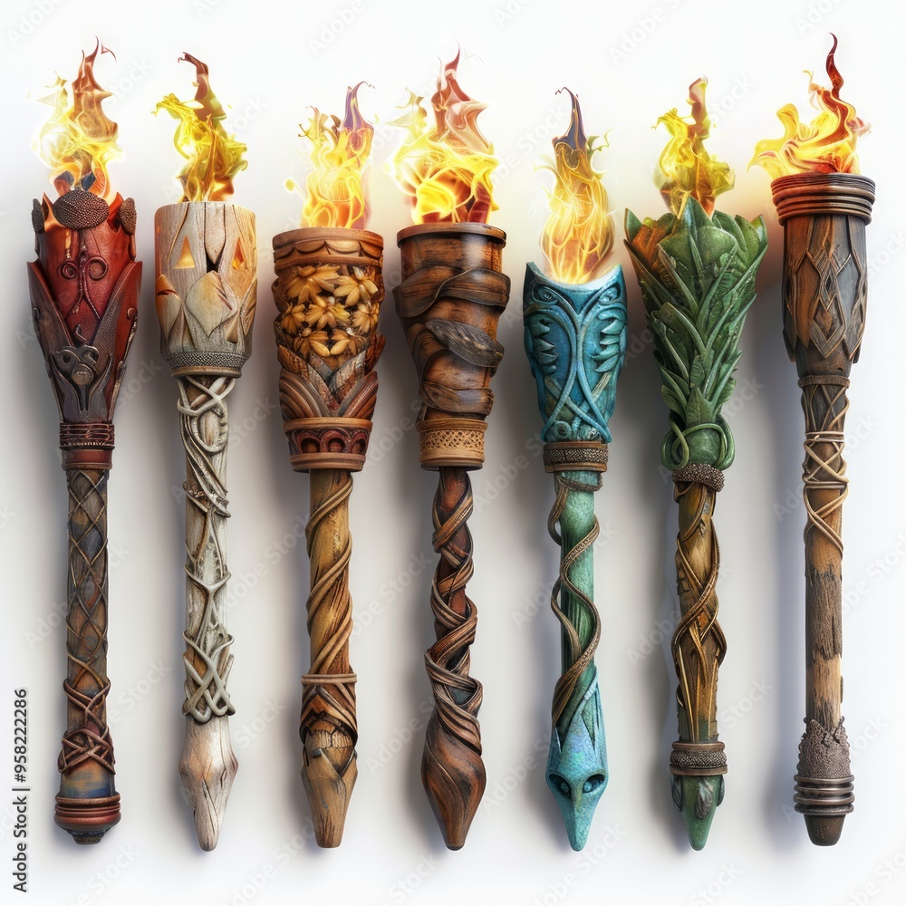 Poster set of different torch with fire on white background