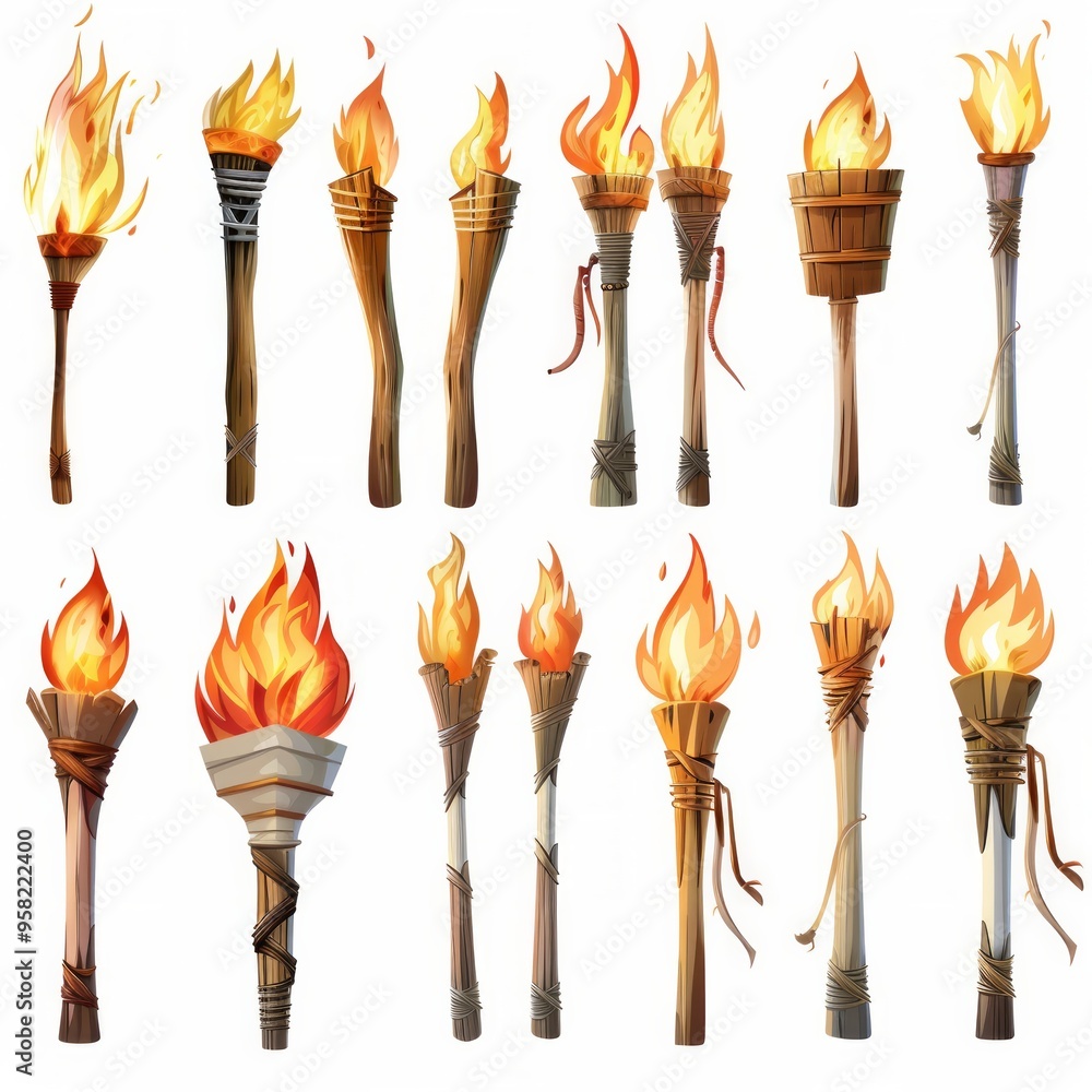 Poster set of different torch with fire on white background
