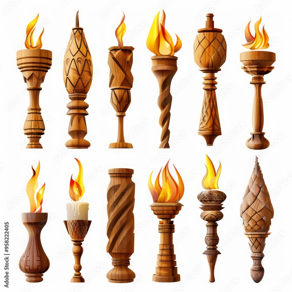 Poster set of different torch with fire on white background