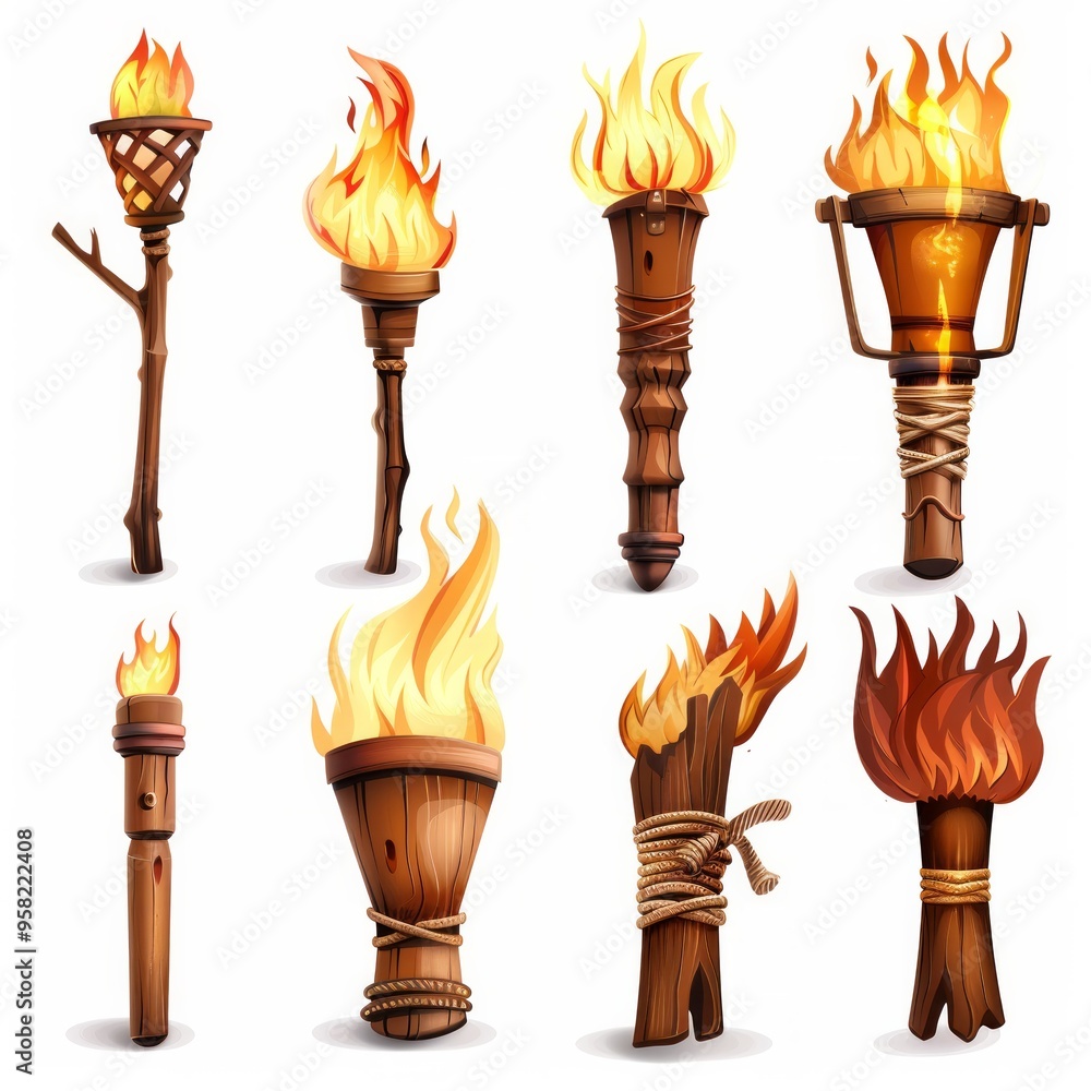 Poster set of different torch with fire on white background