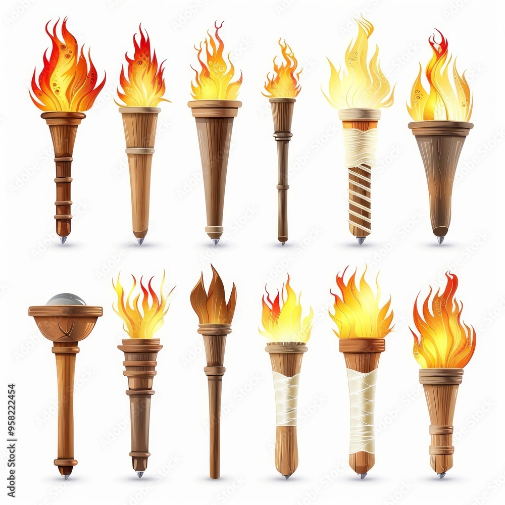 Poster set of different torch with fire on white background