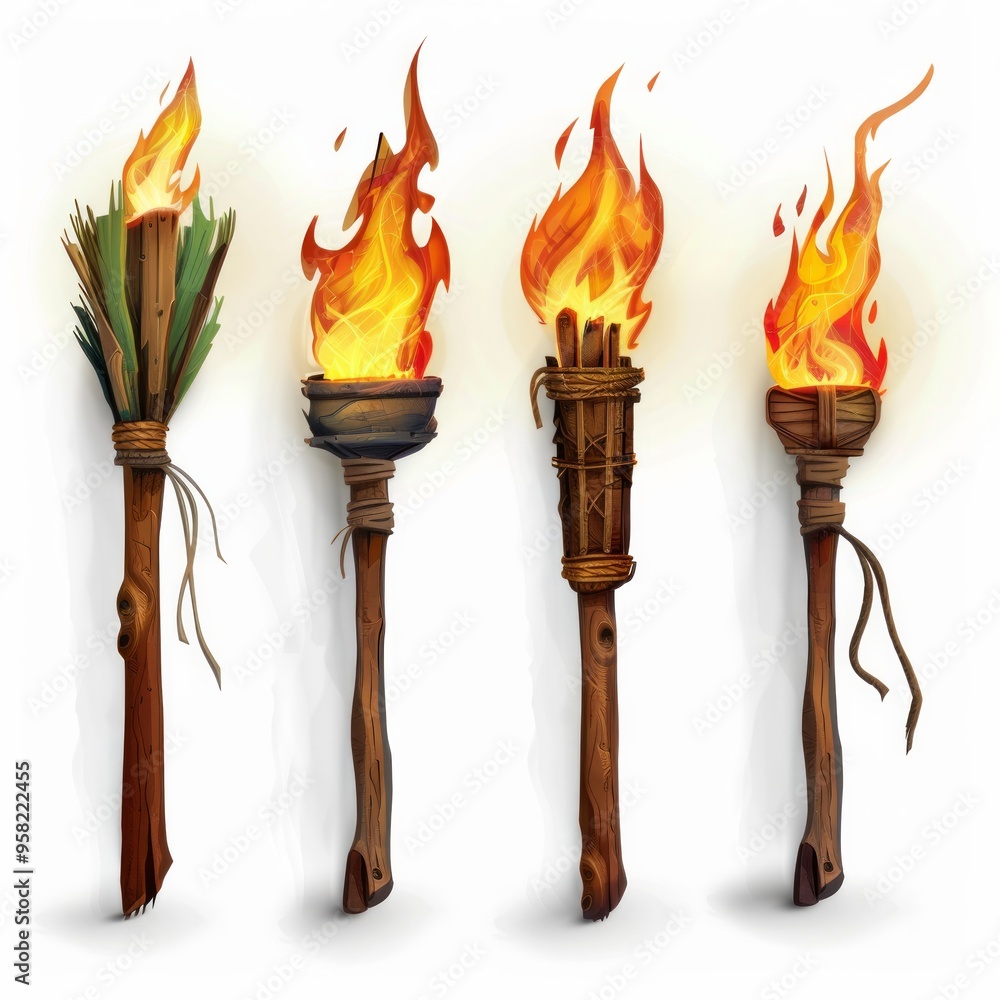 Poster set of different torch with fire on white background