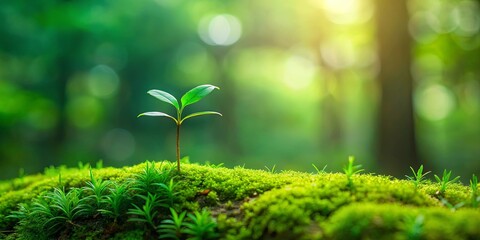 A close-up shot of a small plant sprouting from lush green moss, with a blurred forest backdrop