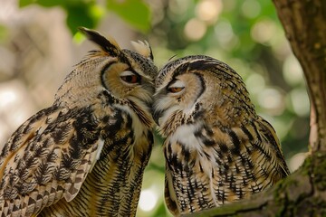 Obraz premium Two eurasian eagle owls are nuzzling each other on a tree branch