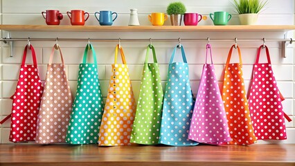 Colorful polka dot aprons hanging in a bright, cozy kitchen