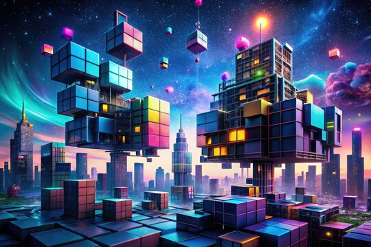 surreal futuristic cityscape Levitating building blocks defying gravity abstract shapes vibrant neon lights against dark starry night sky urban innovation concept