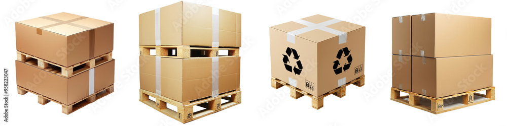 Poster Full length side view of cardboard boxes on a shipping pallet on a transparency background